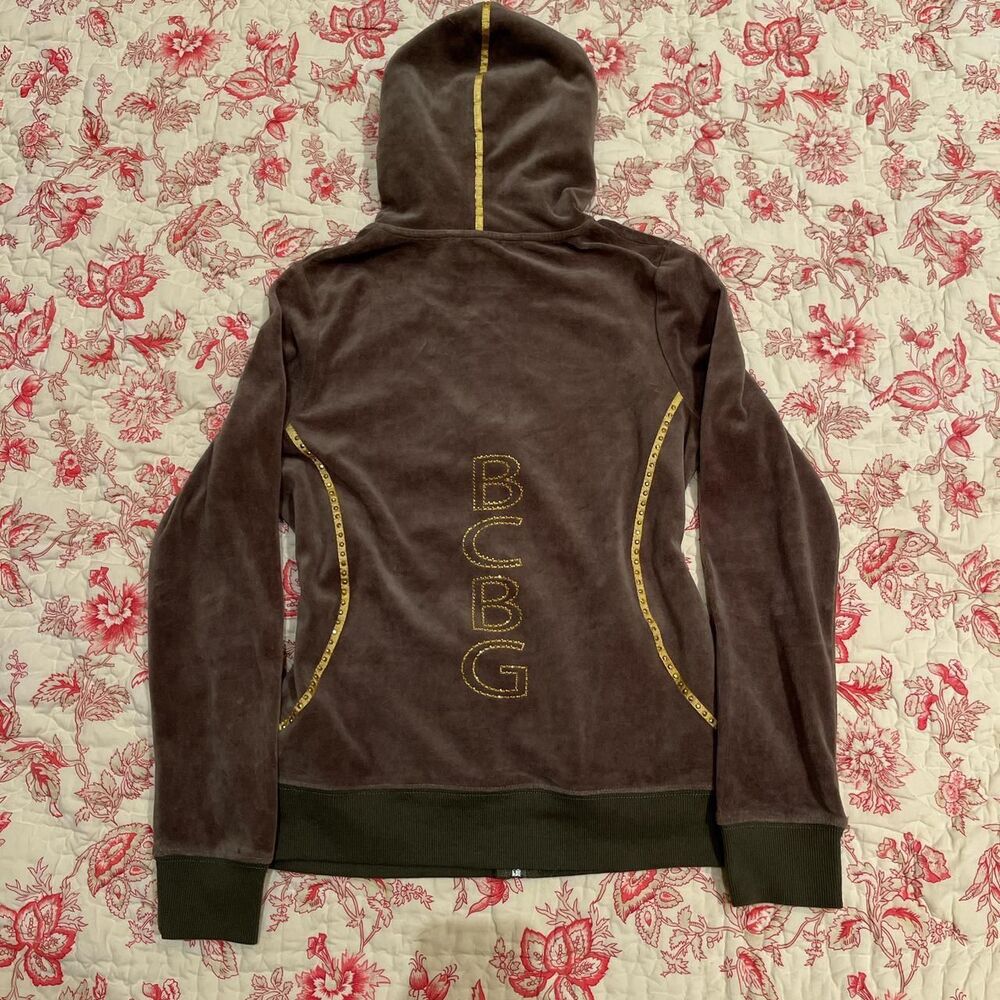 Y2K BCBG Rhinestone Brown Velour Full Zip Roxy Hoodie! - Picture 3 of 4